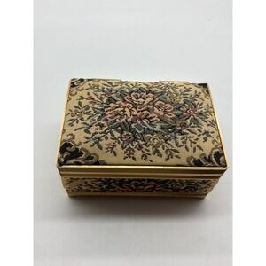 Vintage Schmid Gold Tone Floral Tapestry Music Jewelry Box w/ Mirror Red Velvet
